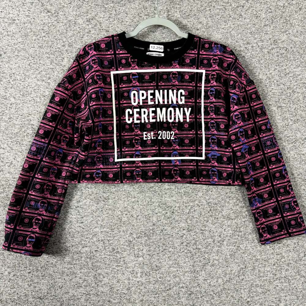 Opening Ceremony Women's Size Medium Money Print Cropped Long Sleeve Sweater